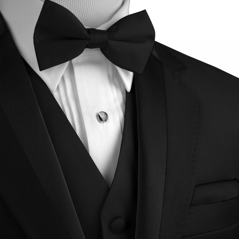 Men's Formal Wedding Prom Homecoming Tuxedo Vest Bow-Tie Hankie - Black Satin